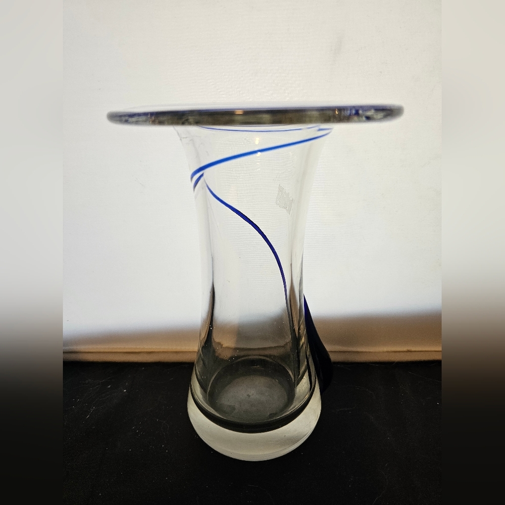 Vintage Clear Art Glass Vase With‎ An Applied Cobalt Blue Snake Swirl Design
